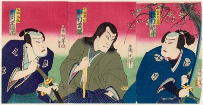 Actors Sawamura Tossho II as Kanai Tanigoro, Nakamura Shikan IV as Uji Joetsu, and Ichikawa Sadanji I as Marubashi Chuya by Toyohara Kunichika